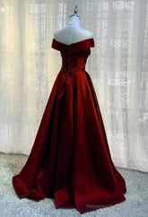 Burgundy A-line Floor Length Satin Prom Dress Party Dress, Wine Red Long Formal Dress